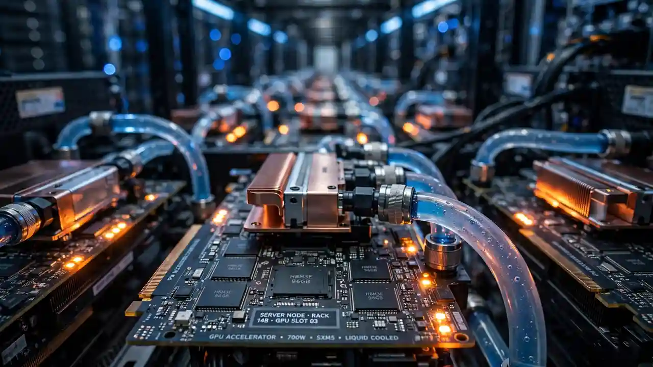 Close-up of glowing GPU accelerator boards in a hyperscale datacenter aisle