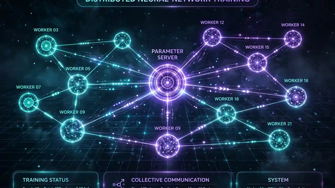 Abstract visualization of distributed neural-network training across many GPU nodes