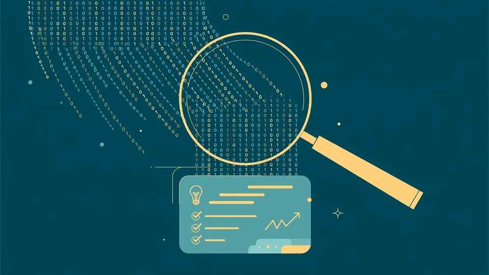 Magnifying glass over streams of data resolving into a clean insight card