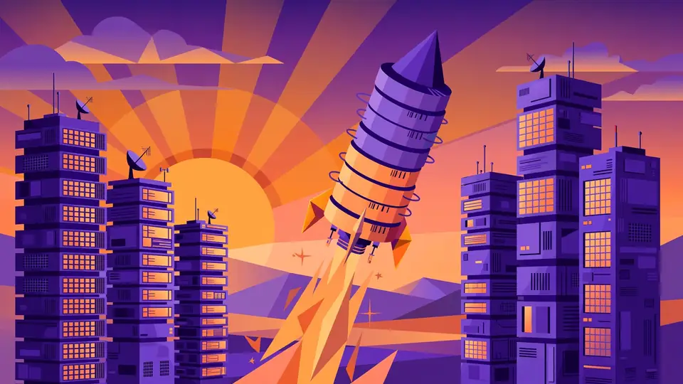 Startup rocket built from database cylinders launching past server towers