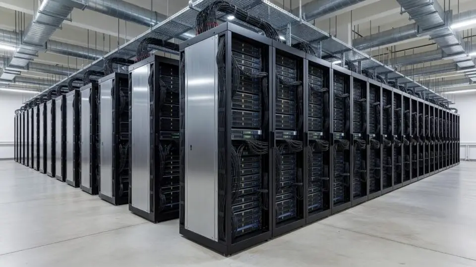 Server room with rows of compute racks running production AI workloads