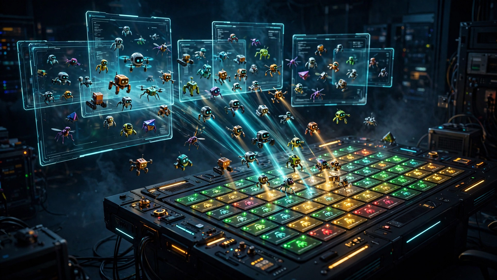 Editorial illustration of a command console organizing dozens of AI robots into a grid of agent cards with status lights