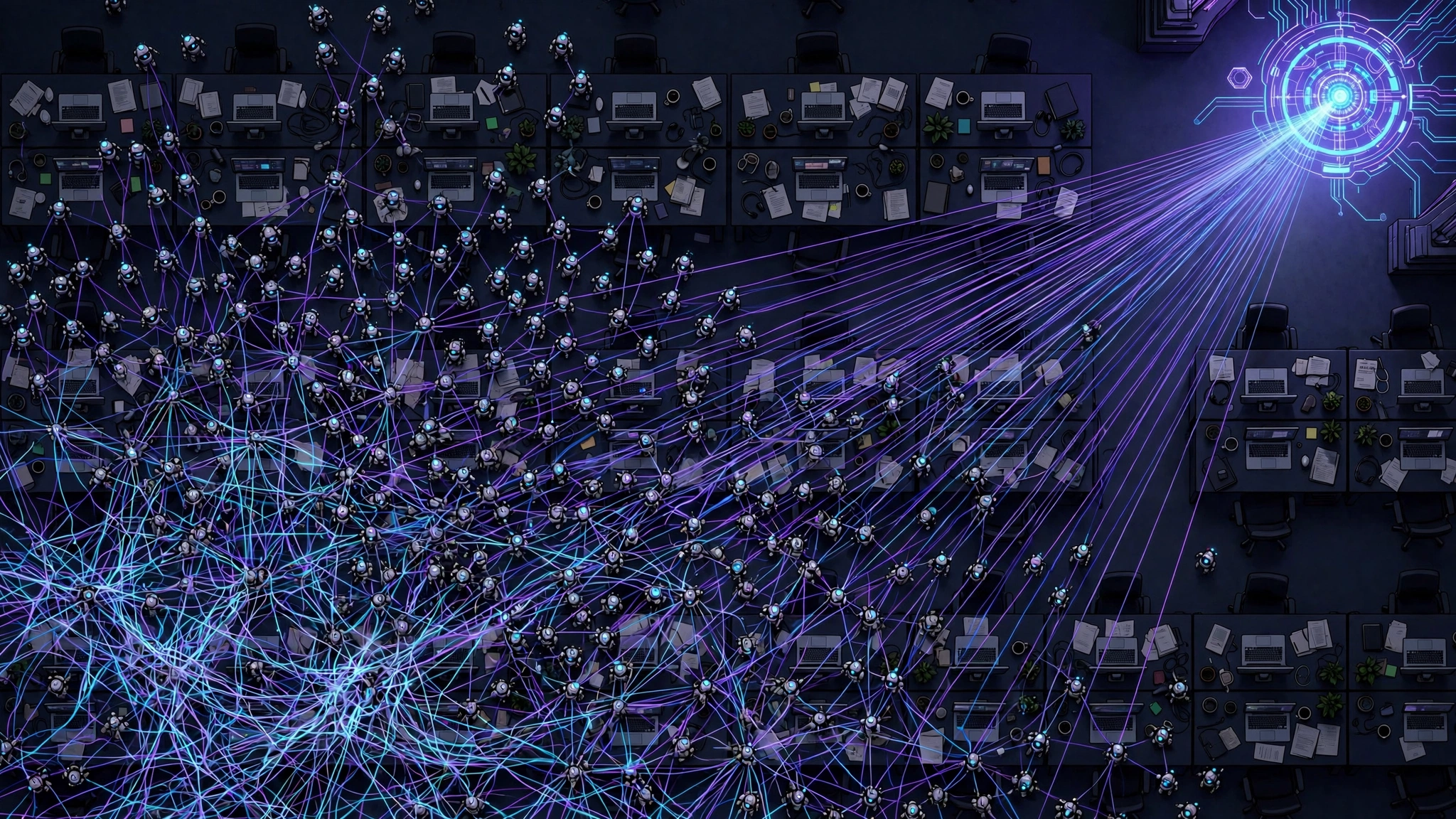 Overhead illustration of a tangled web of AI agents across an office floor converging into one central command node