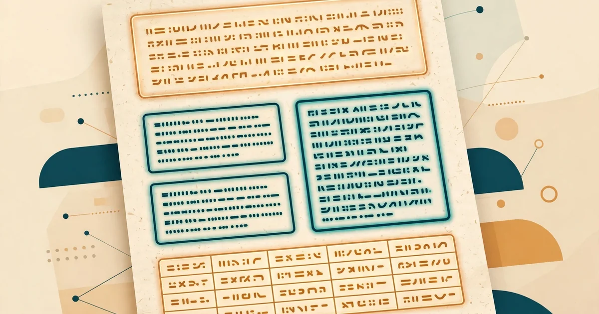 A scanned document page with glowing layout boxes marking text blocks, a table and a header