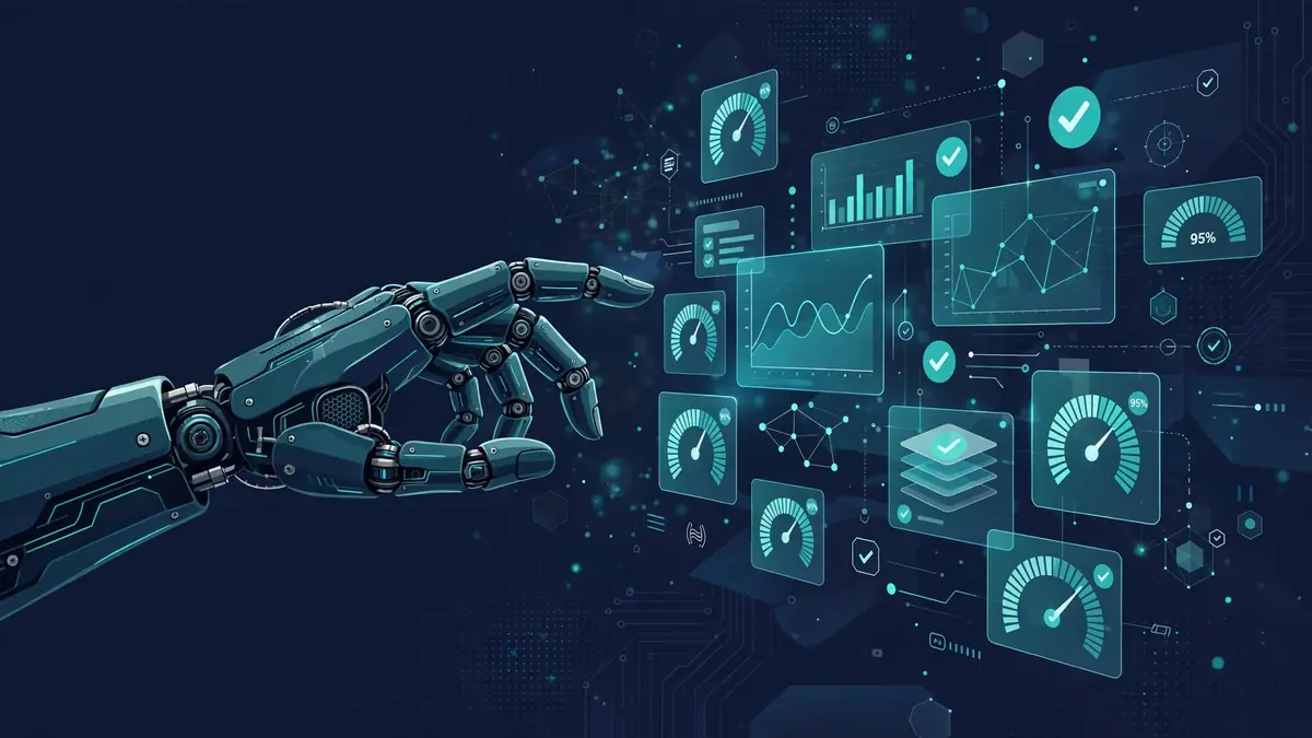 A robotic hand reaching toward floating data panels with gauges and checkmarks