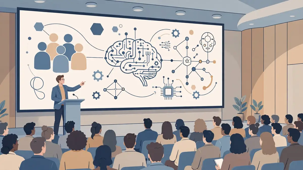 A speaker presenting an AI workforce platform on stage at a large enterprise software conference