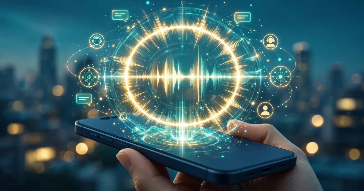 AI voice concierge: a glowing sound-wave ring over a smartphone at dusk, with agent avatars orbiting