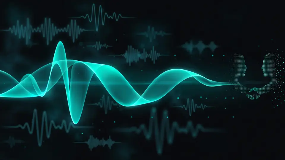 A glowing voice waveform rendered as a ribbon across the frame, an editorial illustration of AI voice conversation