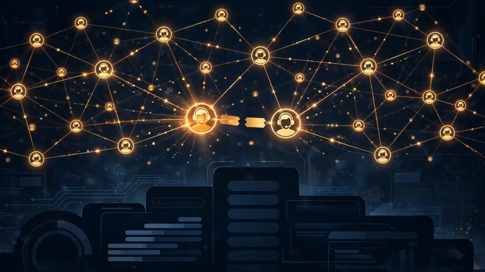 A network of glowing agent-avatar nodes passing a ticket like a relay baton, editorial illustration of connected customer journeys