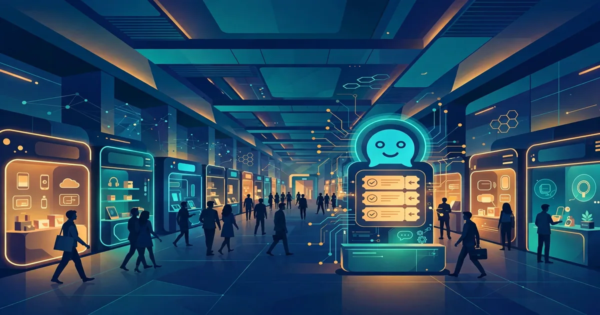 A futuristic digital marketplace hall with glowing software storefronts and an AI customer-service agent stall