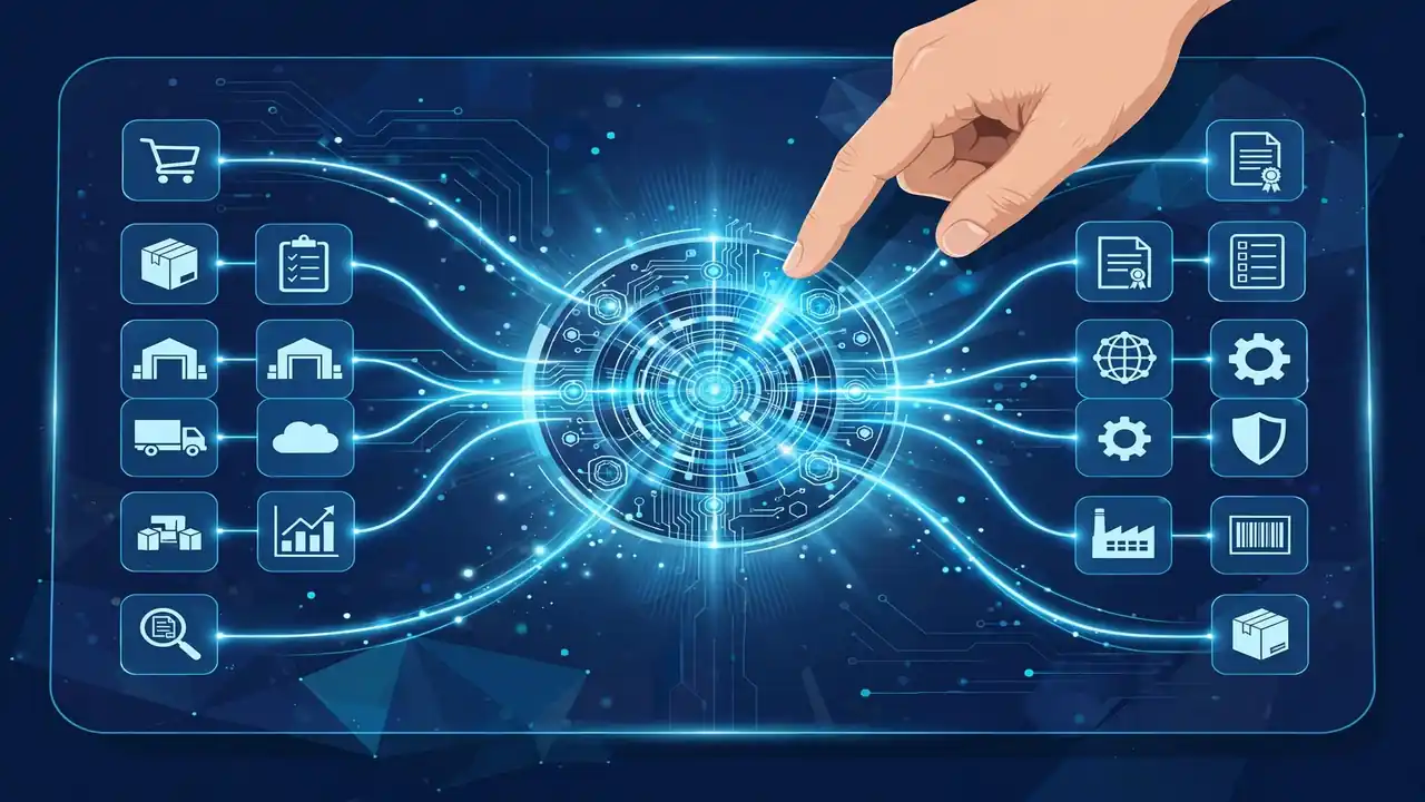 A hand tapping a glowing dashboard of connected enterprise software icons — OpenAI Marketplace's partner ecosystem