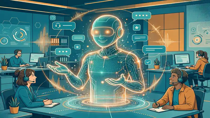 A glowing AI concierge hologram assisting human support agents — Decagon's customer-facing AI agents
