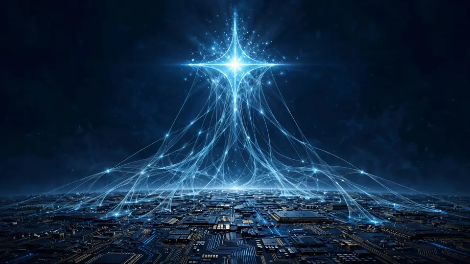 Illustration of a glowing blue star-like spark above a circuit-board landscape, evoking a new flagship AI model taking shape