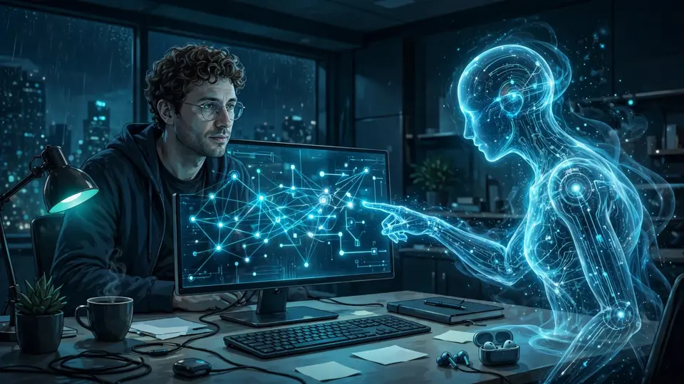 Illustration of a developer pair-programming with a luminous AI assistant at a desk