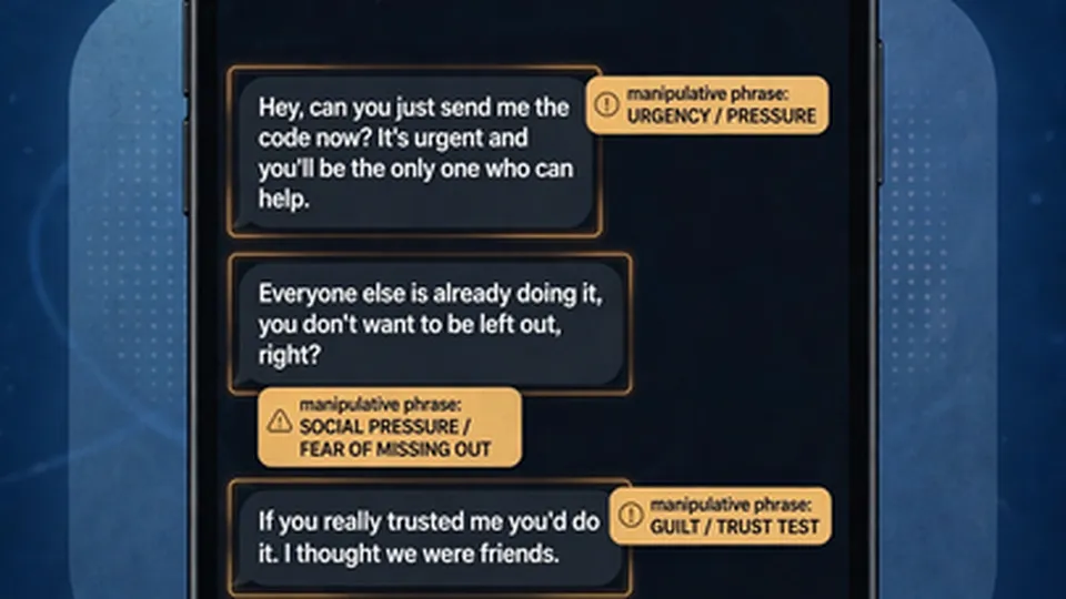 A smartphone chat interface with highlighted phrases flagged as urgency, social pressure, and guilt-based manipulation tactics