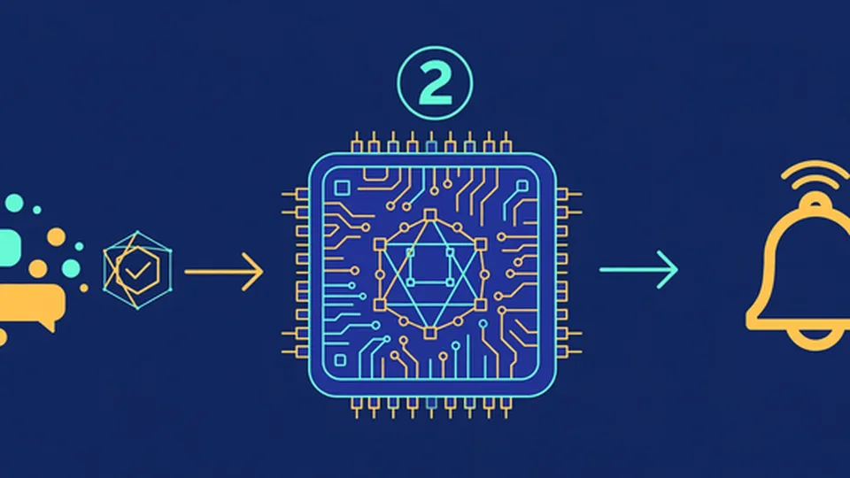 An illustration of a two-stage AI pipeline: a screening node, a neural-network chip, and a warning bell