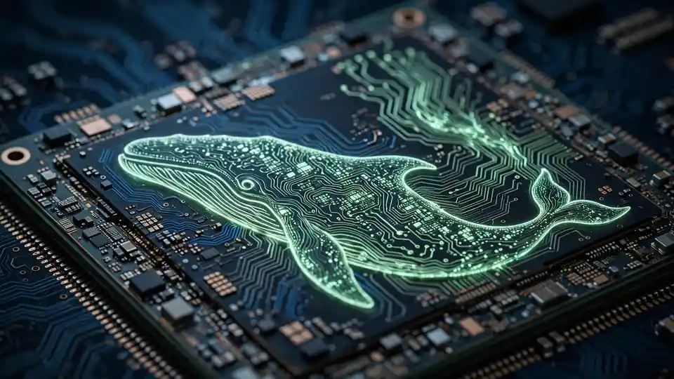 Illustration of an AI accelerator chip — DeepSeek's V4 architecture runs on Huawei's Ascend chips.