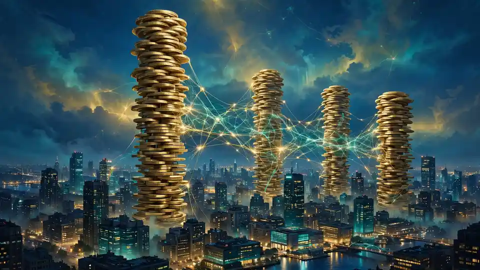 Illustration of golden discs stacked like skyscrapers over a night city skyline.