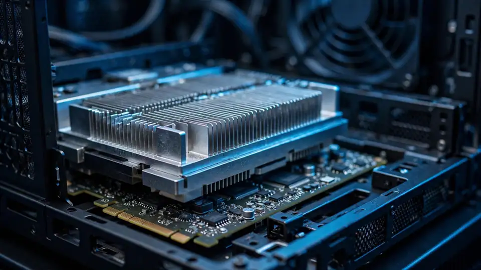 Close-up of a GPU accelerator module with heatsink fins inside a server chassis
