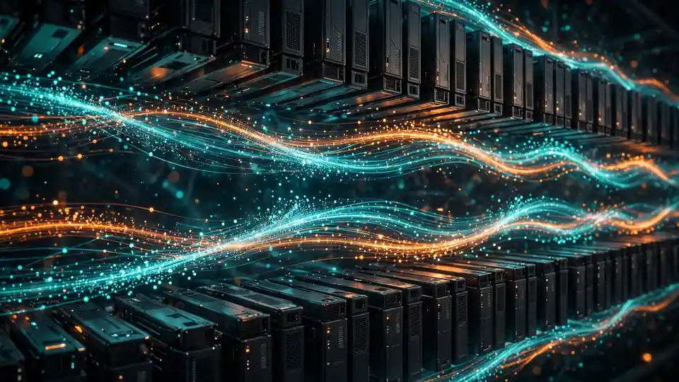 Abstract visualization of batched inference token streams flowing between server blades