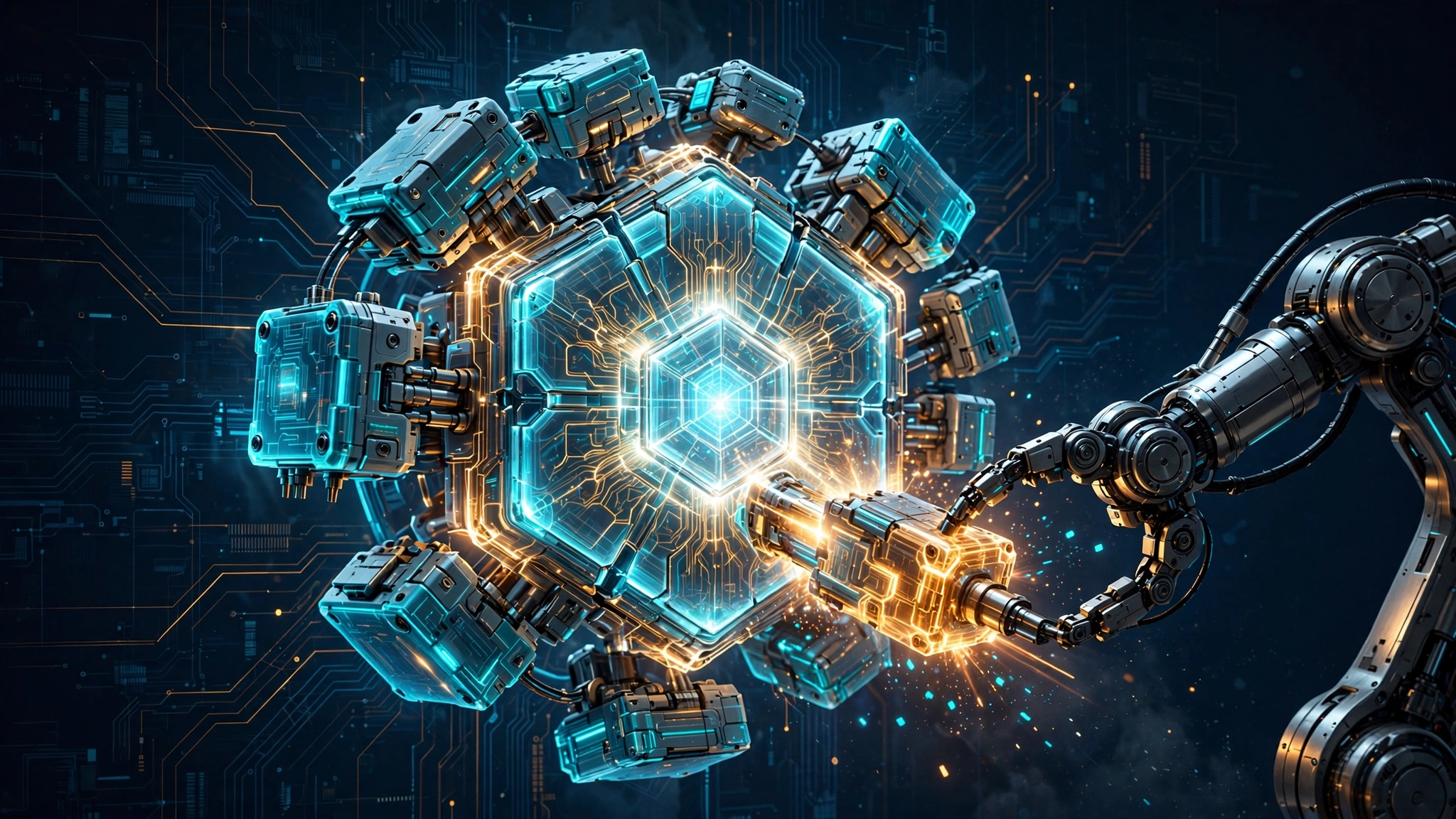 Illustration of DeepSeek Harness as a modular agent runtime: plugin blocks snapping into a glowing hexagonal core
