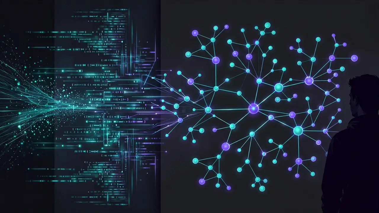 Illustration of source code branching into a glowing tree of plugin nodes