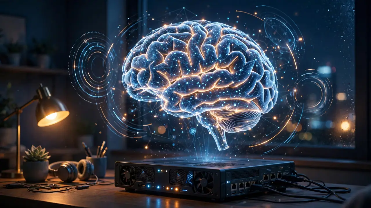 Illustration of a home server running a local AI model, shown as a glowing neural network