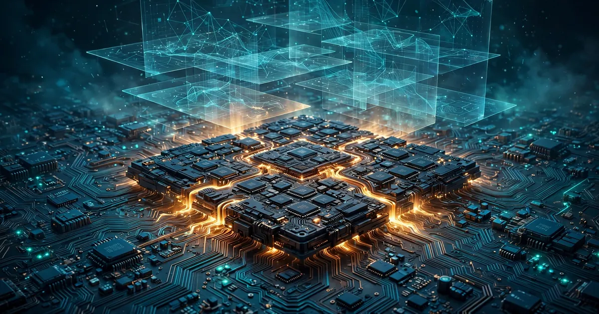 Illustration of an AI accelerator chip with floating software code panels