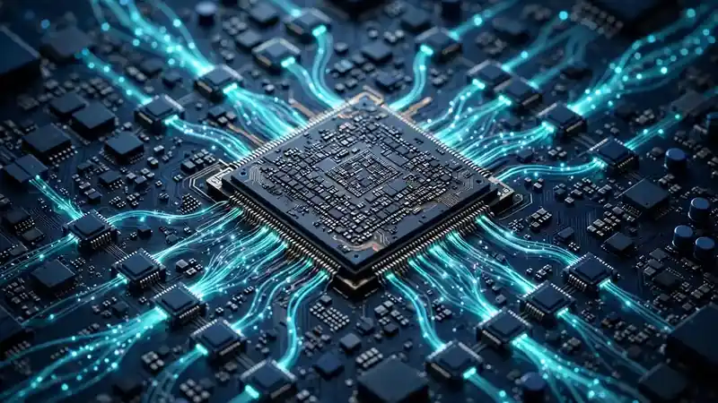 Illustration of an AI accelerator chip on a motherboard with glowing data streams
