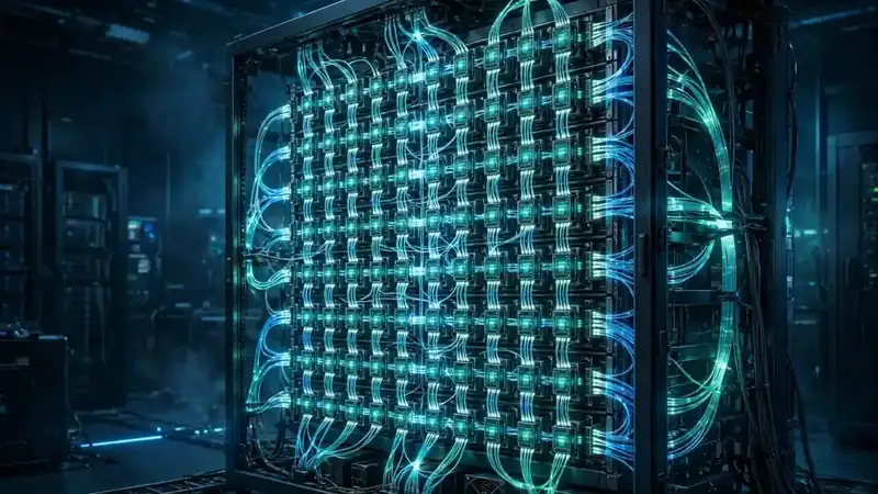 Illustration of a server supernode with glowing accelerator modules linked by fiber
