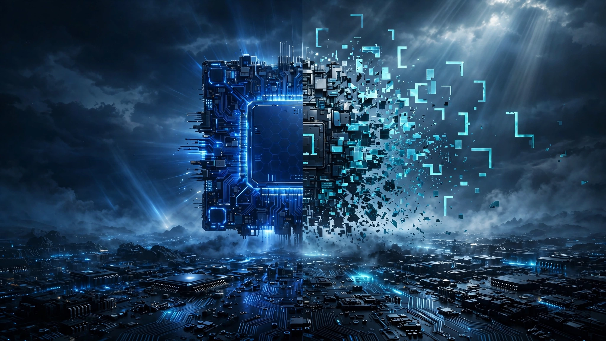 Editorial illustration of a towering AI chip processor half dissolving into open-source code