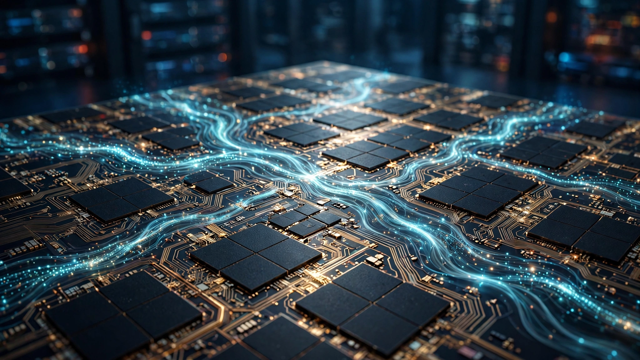 Editorial illustration of an AI accelerator chip with luminous code flowing across its circuits