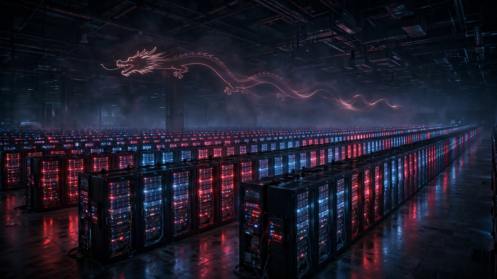 Editorial illustration of a vast dark data center hall filled with glowing server racks