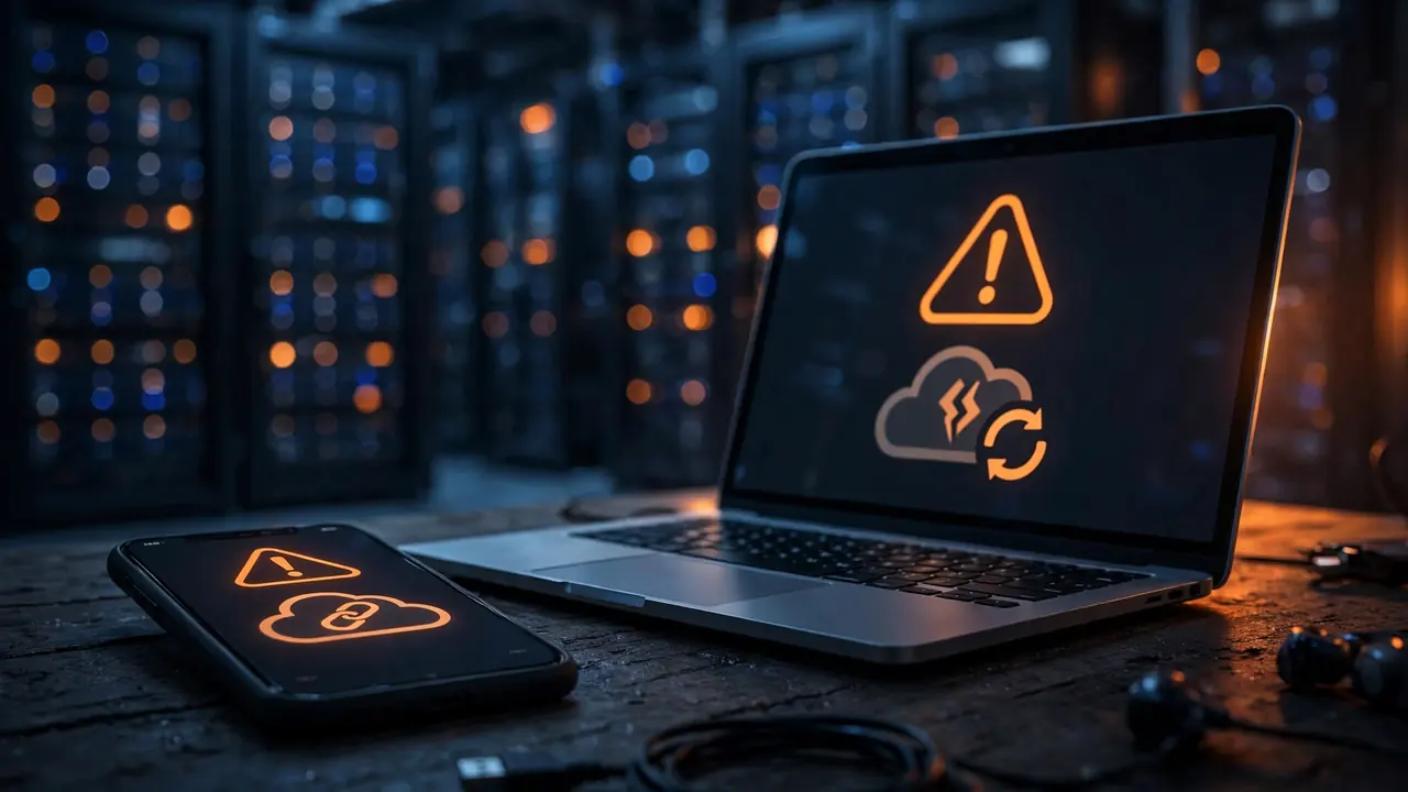 A smartphone and laptop showing a server error message on screen, with data center lights in the background