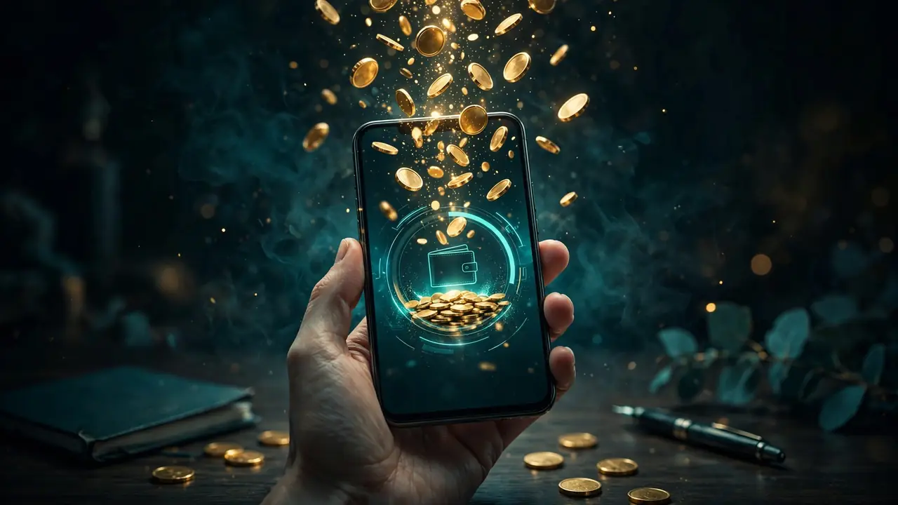 A smartphone with a digital wallet balance being refilled with golden coins raining from above