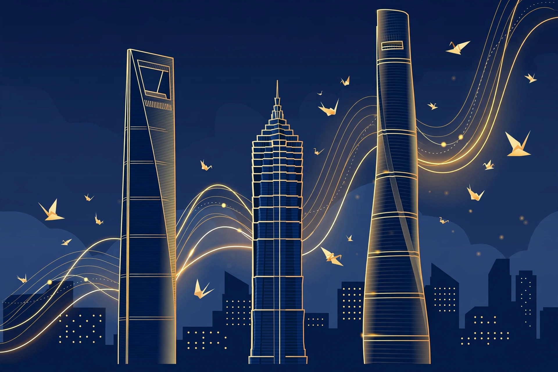 Illustration of Shanghai's Pudong financial district with rising valuation-curve ribbons