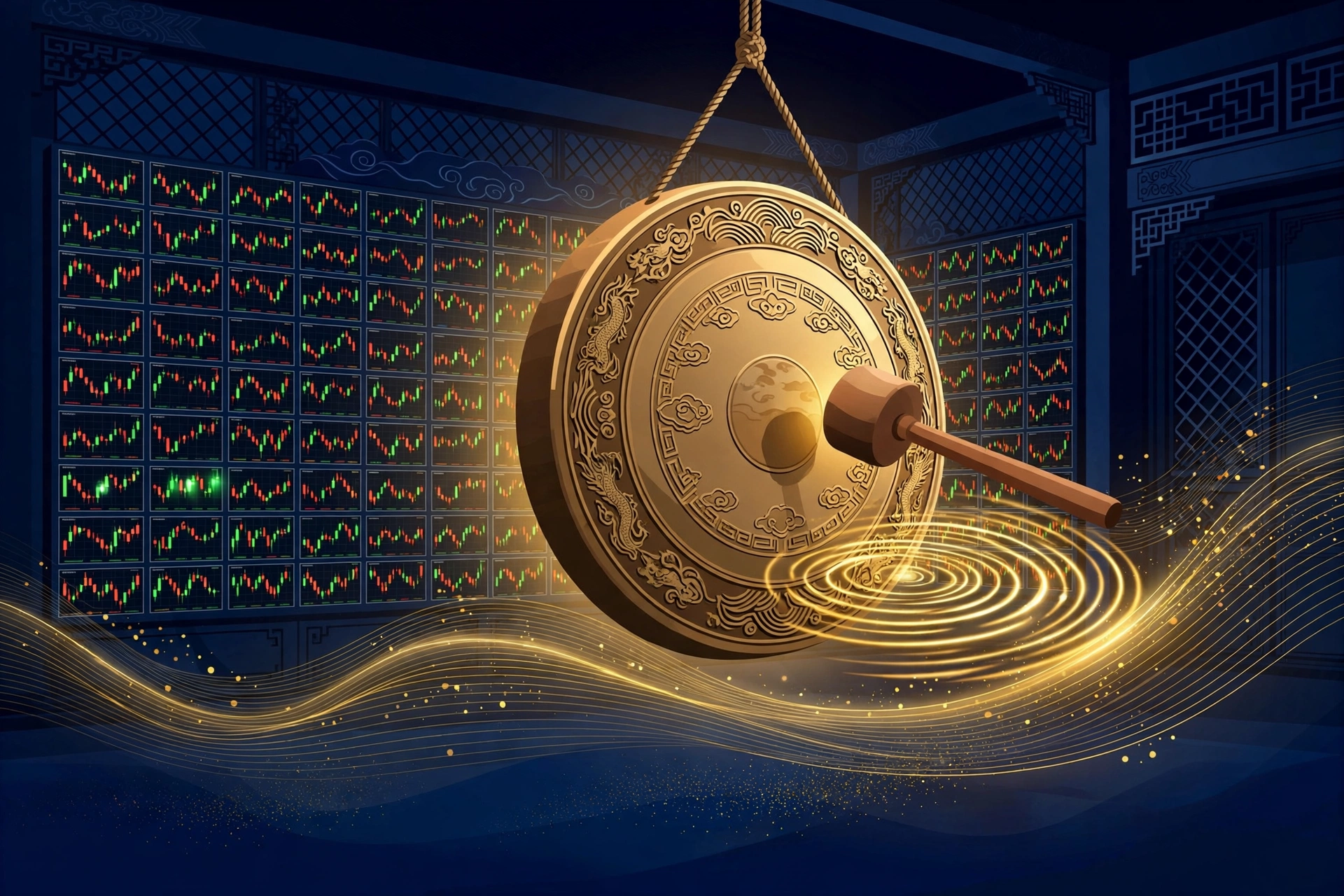 Illustration of a listing-ceremony gong with stock charts behind it