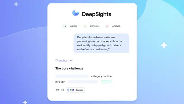 DeepSights market-intelligence platform answering a market question with cited sources.