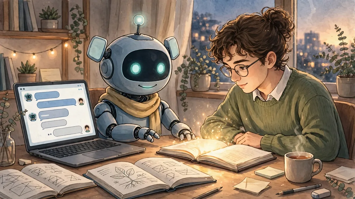A friendly robot tutor studying beside a student at a desk with books and a laptop