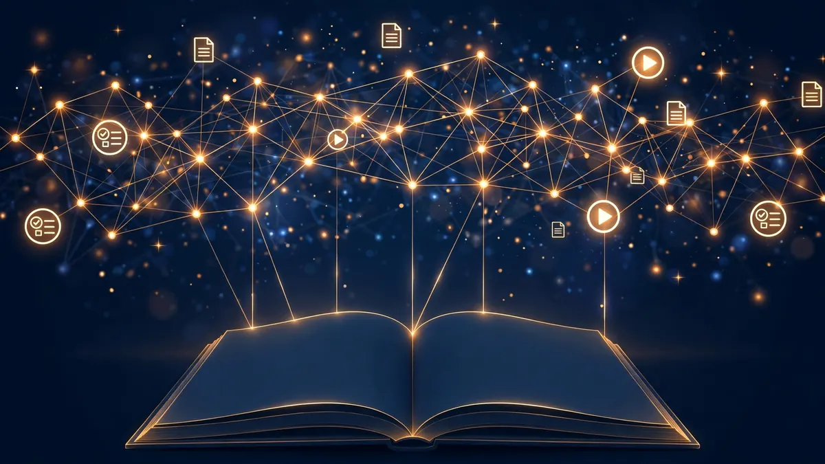 A glowing network of connected ideas rising from an open book