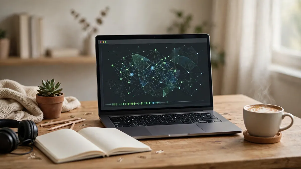 A laptop showing a knowledge network beside a notebook and coffee on a desk