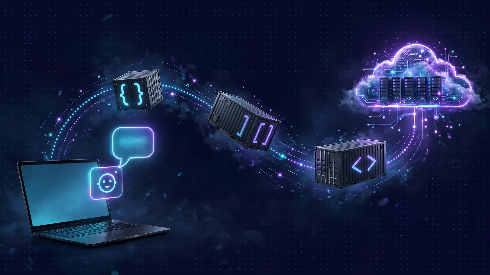 A chatbot rising from a laptop travels in shipping containers along a glowing path to a cloud server