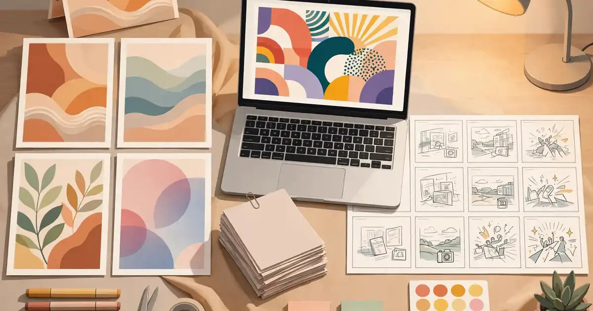 A design agent workspace: posters, slide decks and a film storyboard laid out in a grid beside a laptop showing a brand poster
