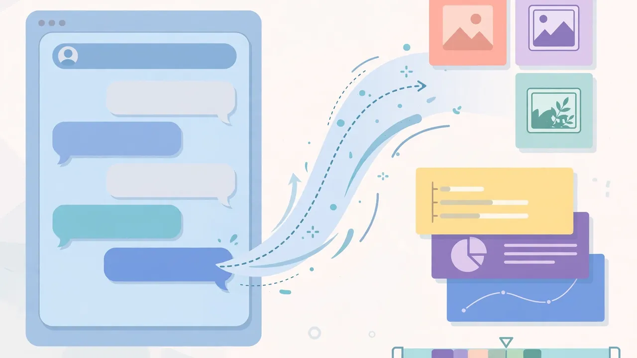 A chat message turning into finished design assets: social cards, a slide deck and a video timeline