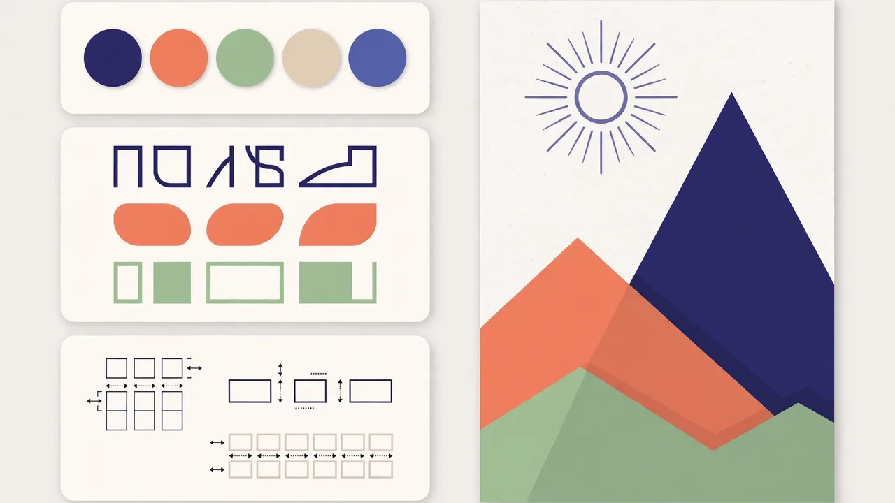 A brand pack as code: colour swatches, type specimens and spacing guides beside a rendered poster