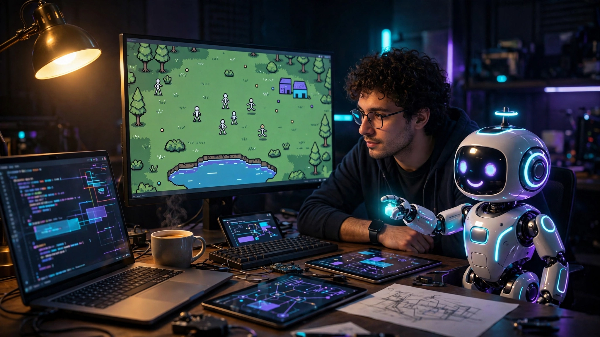Illustration of a developer pair-programming with an AI robot on a stick-figure game