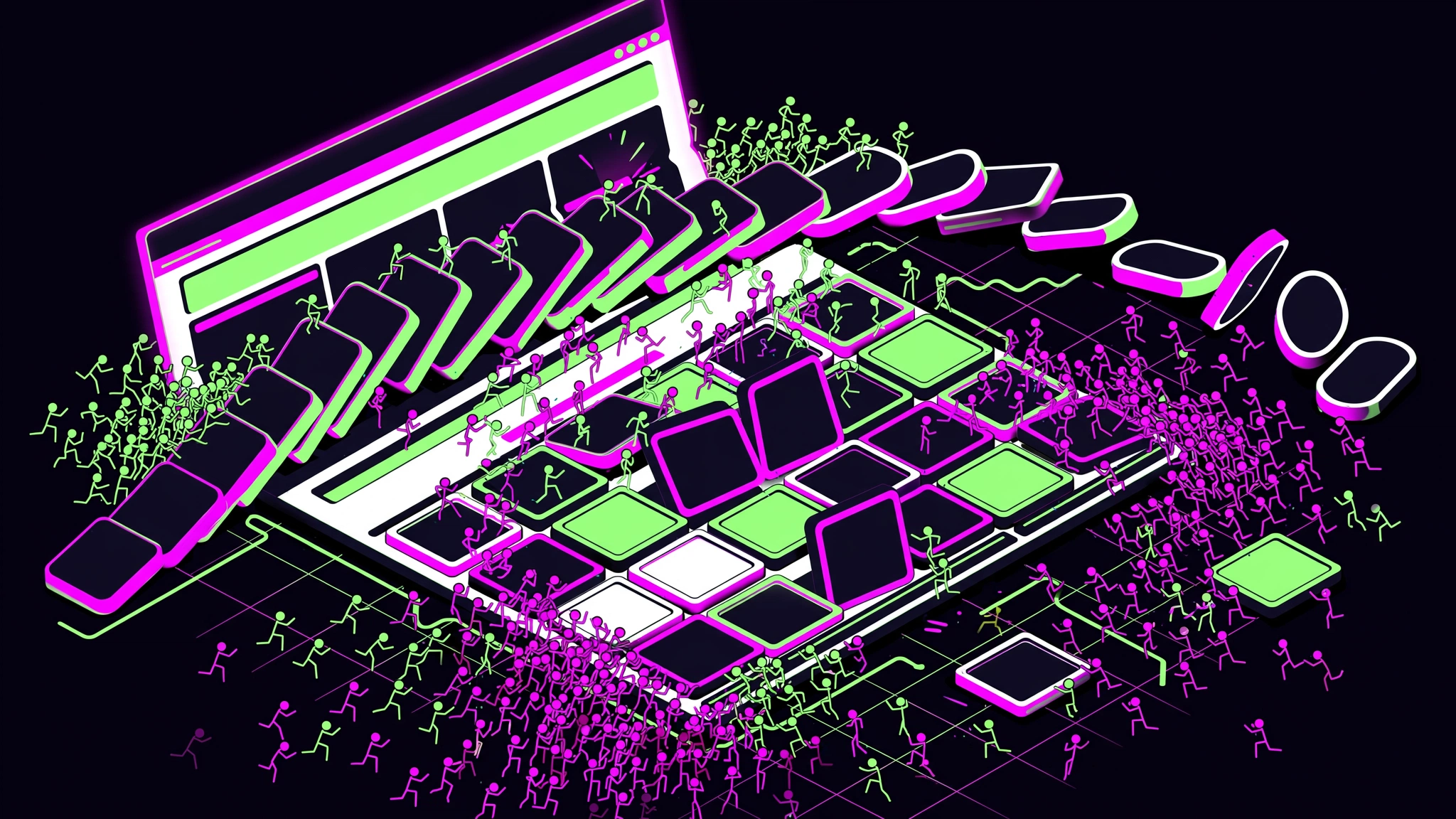 Illustration of crowds of stick figures swarming over a webpage layout like a game level
