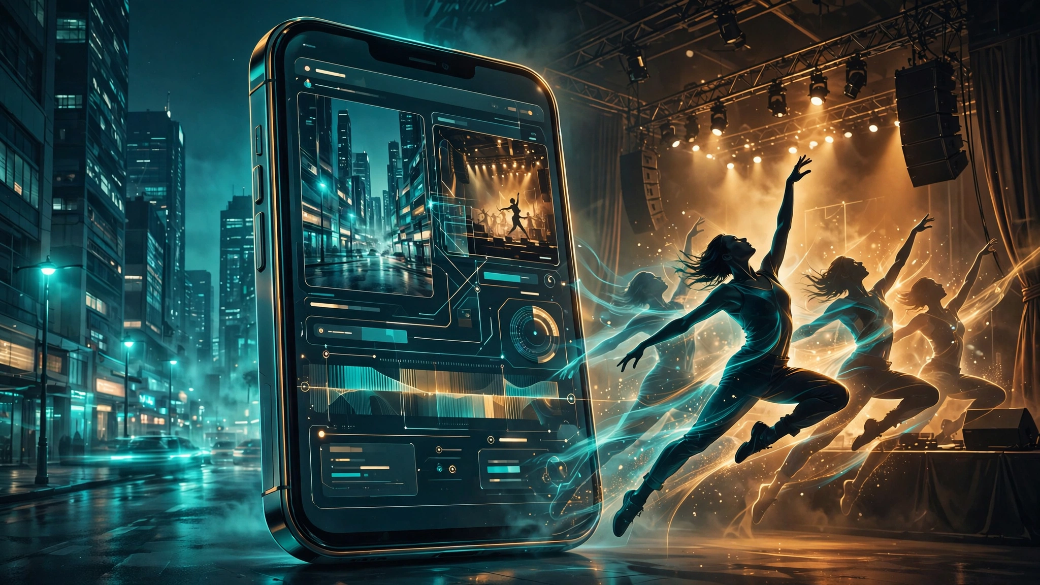 Editorial illustration: a giant smartphone showing an AI video-generation workspace, with a dancer's silhouette and motion-trail ghosts as a scene is rebuilt