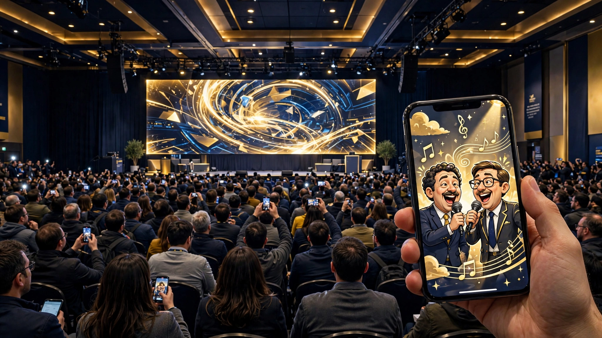 Editorial illustration: a packed developer-conference keynote hall, with a phone in the foreground playing a cartoon parody music video of two businessmen singing
