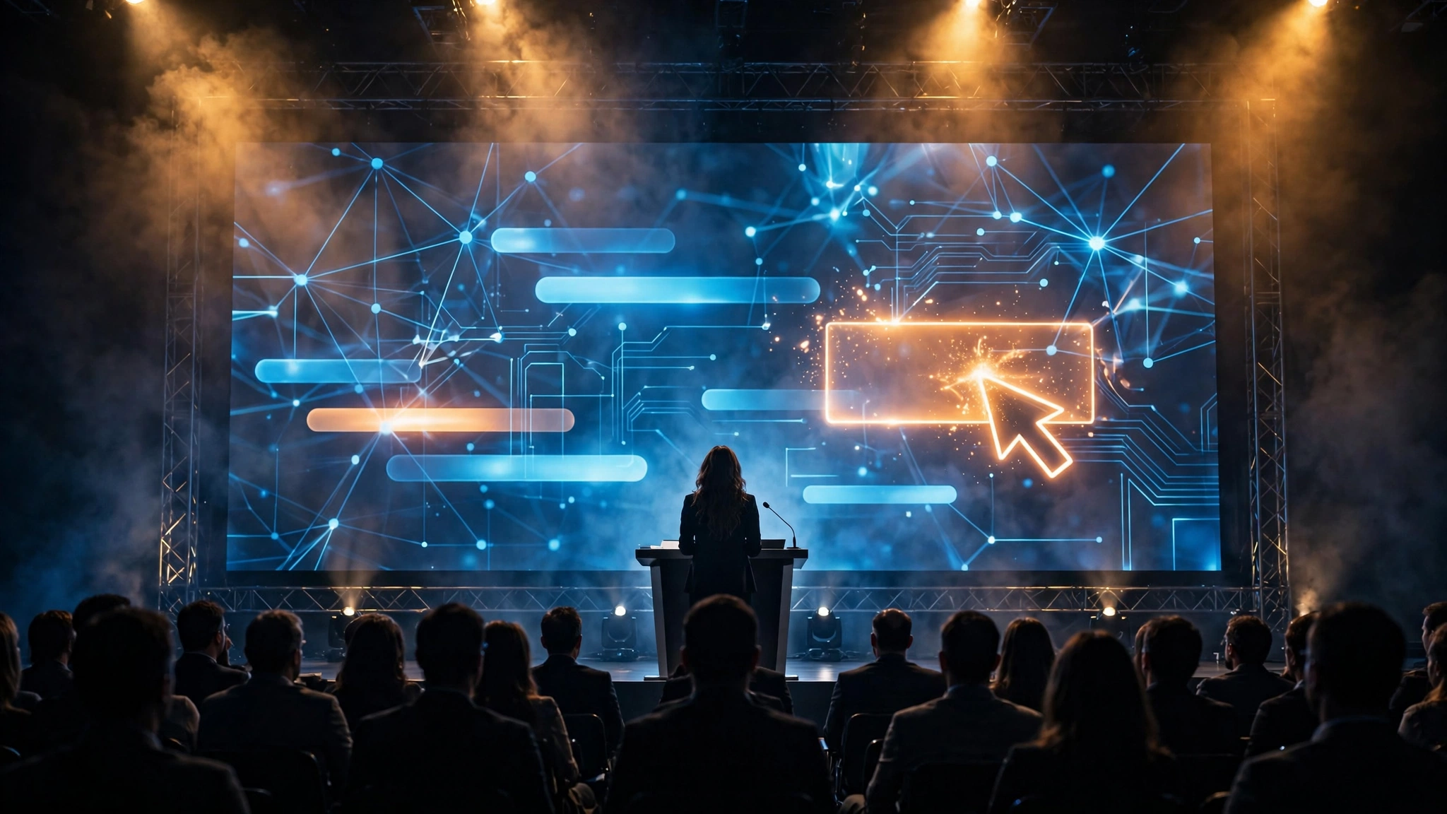 A keynote stage with an AI agent writing code on a giant screen